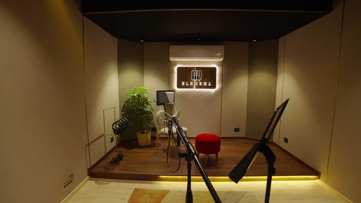 Inside the recording booth at Element Sound Studio